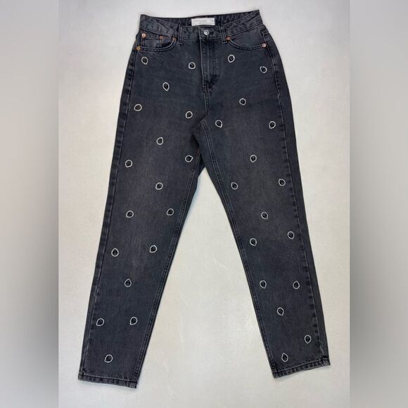 Topshop Alien Rhinestone All Over Logo Mom Denim Jeans Women Size 26 Black - Picture 1 of 10